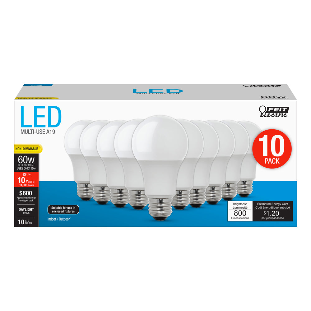 10W (60W REPL.) DAYLIGHT E26 BASE A19 LED LIGHT BULB - 10PK