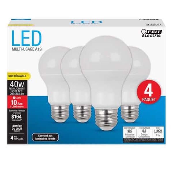 4pk-5w/40 LED A19 DL/BULB N DM5.5w/40wWQUIV/450L/10MHR/5000K