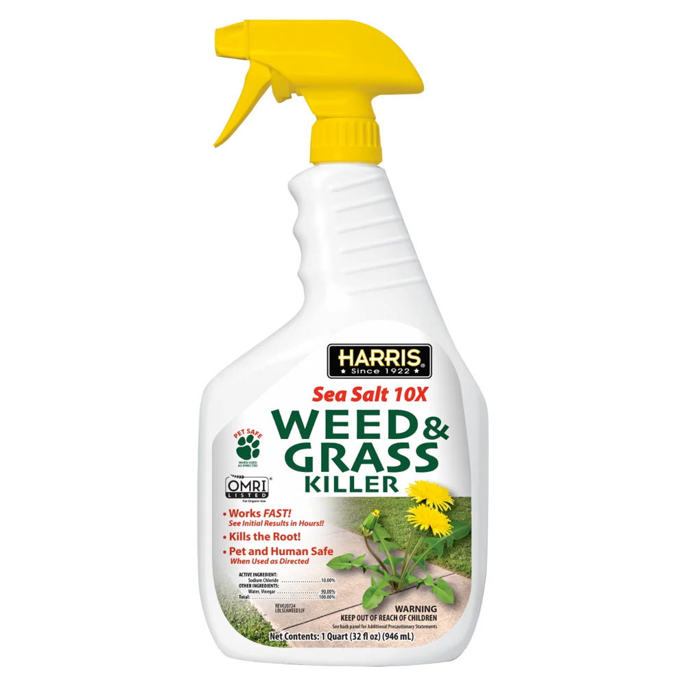Spray bottle of Harris Sea Salt 10X Weed & Grass Killer on a white background