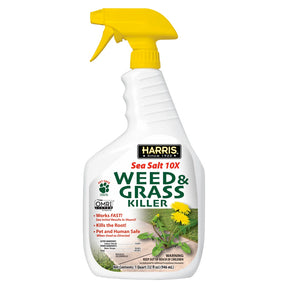 Spray bottle of Harris Sea Salt 10X Weed & Grass Killer on a white background