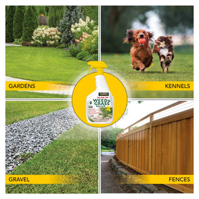 Weed killer spray bottle with application scenarios on gardens, kennels, gravel, and fences.