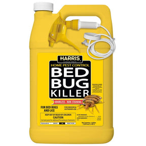 Yellow container of Harris Bed Bug Killer on a white background
