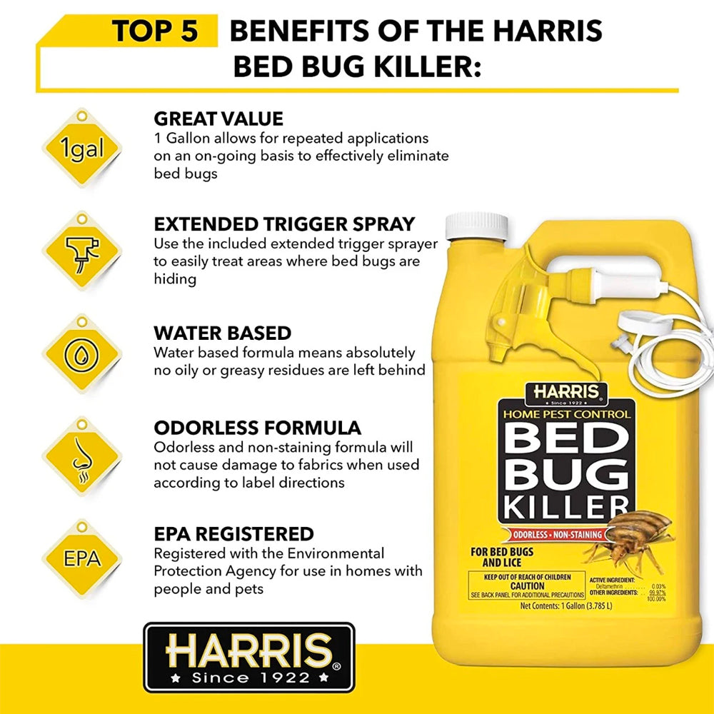 Harris Bed Bug Killer container with list of benefits on a white background