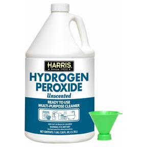 Gallon bottle of Harris Hydrogen Peroxide with a green funnel on a white background
