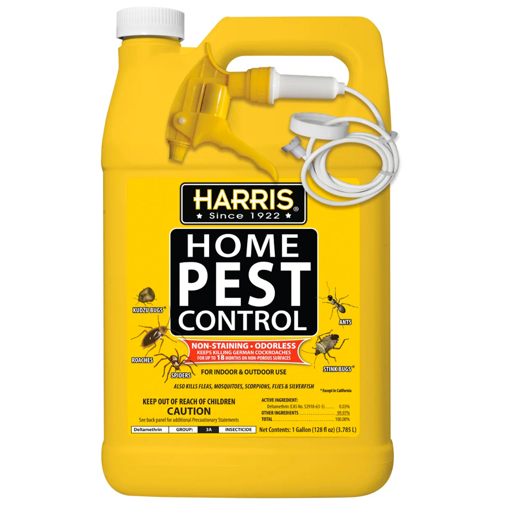Yellow bottle of Harris Home Pest Control on a white background