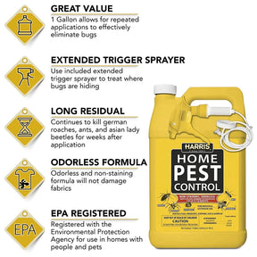 Yellow home pest control container with features listed on a white background