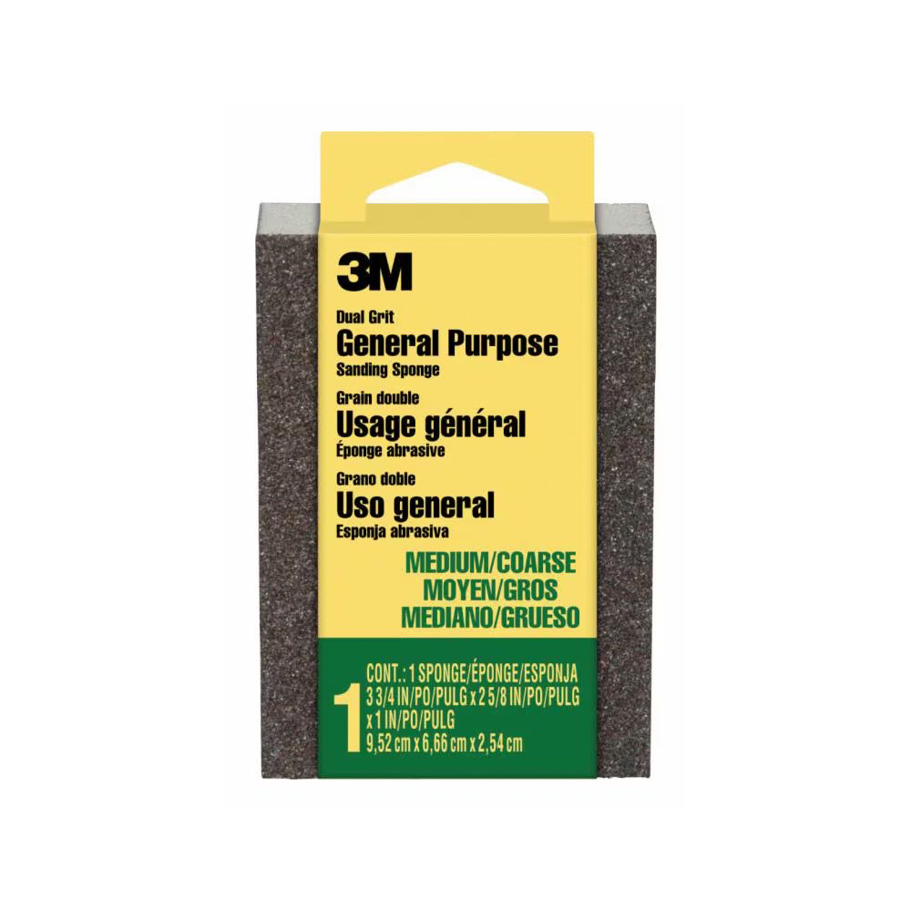 3M dual grit sanding sponge packaging with yellow and green label on a white background
