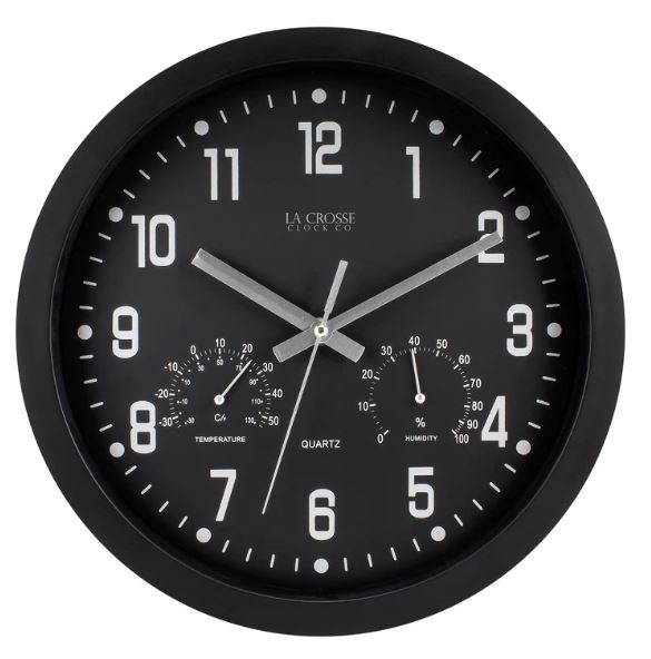 12"WALL W/TEMP&HUMIDITY CLOCK COFFEE THEME/AA/GLASS/MTL HNDS