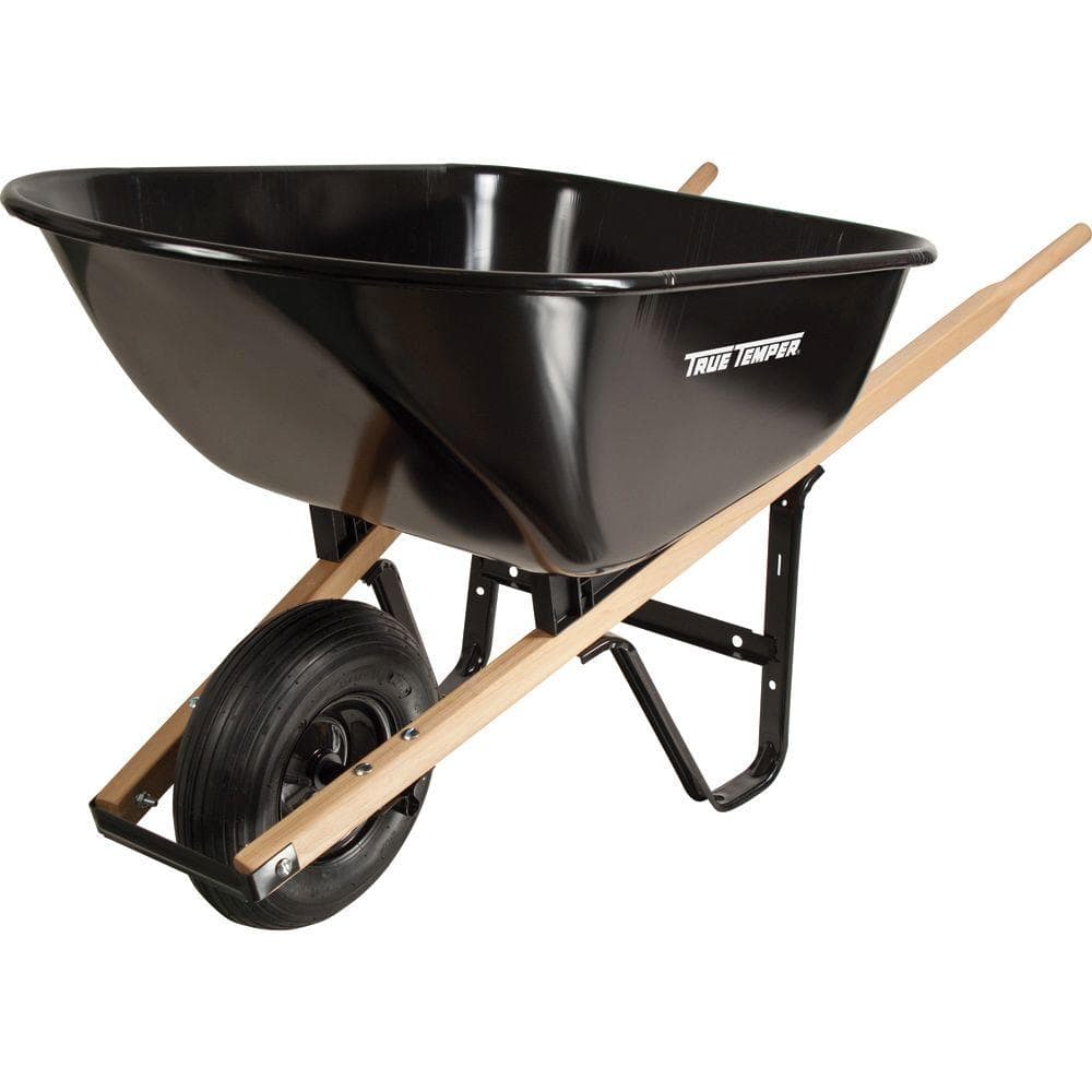 <C> 6 CUBIC FEET STEEL        WHEELBARROW WITH WOOD HANDLES
